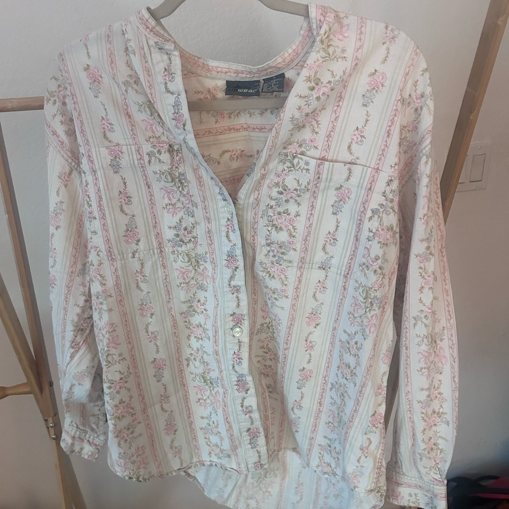 Floral Striped Button-Up Blouse